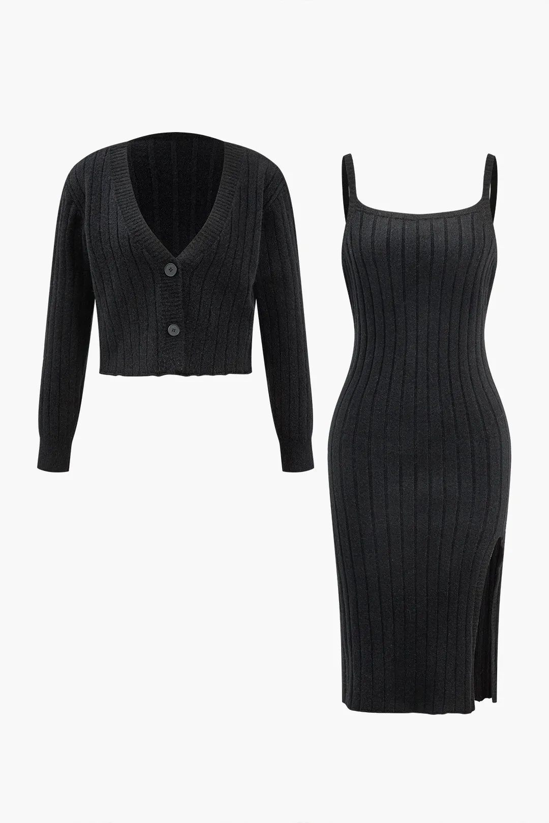 V-hals langærmet cardigan og slip kjole sæt sold by Micas