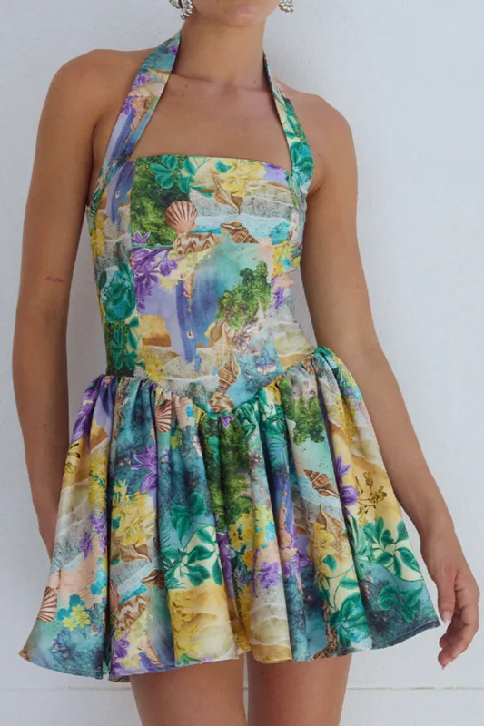 Floral Tropical Print Halter Neck Sleeveless Mini Dress sold by Micas
