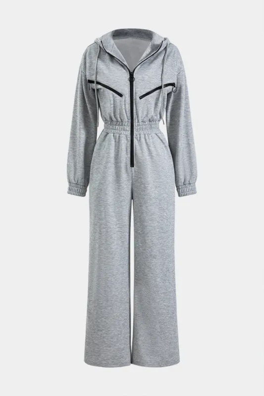 Hooded Patchwork Zipper Long Sleeve Jumpsuit sold by Micas