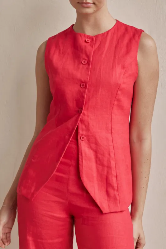 Linen Button Round Neck Tie Back Tank Top sold by Micas