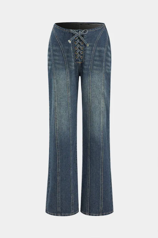 Denim Tie-Up Straight Leg Jeans sold by Micas