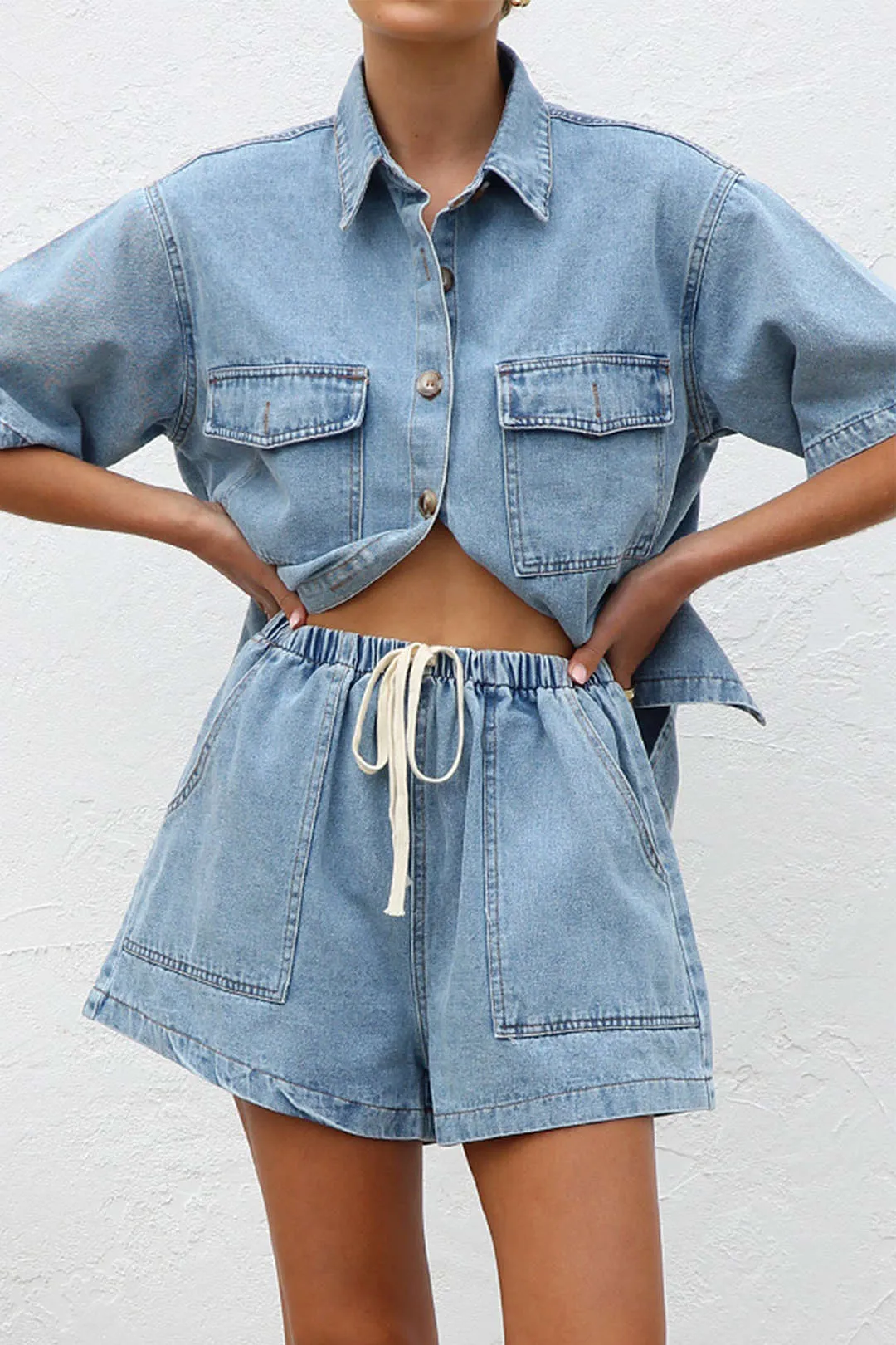 Denim Pocket Short Sleeve Shirt og Draws Shorts Set sold by Micas product image thumbnail 4