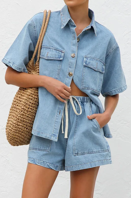 Denim Pocket Short Sleeve Shirt og Draws Shorts Set sold by Micas