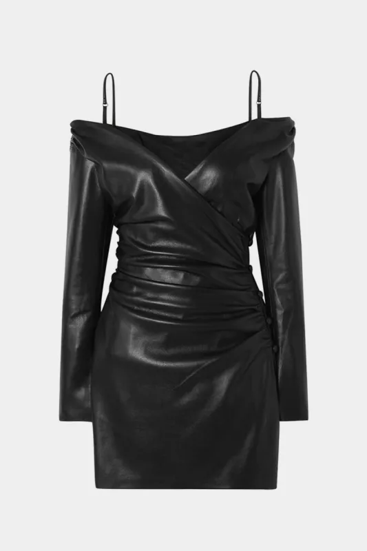 Faux Leather Off Shoulder Slip Ruched Long Sleeve Mini Dress sold by Micas