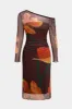 Plus Size Floral Print Mesh Boat Neck Long Sleeve Midi Dress sold by Micas