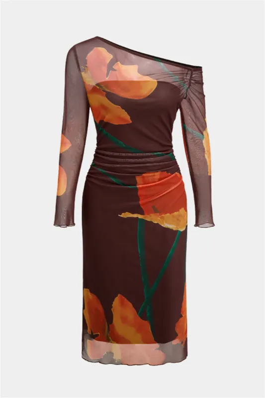 Plus Size Floral Print Mesh Boat Neck Long Sleeve Midi Dress sold by Micas