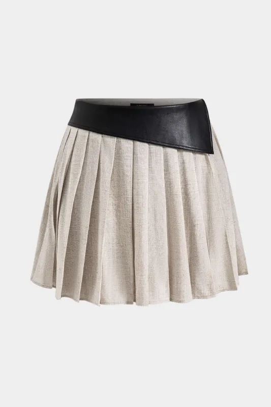 Faux Leather Linen High Waist Pleated Patchwork Skirt sold by Micas