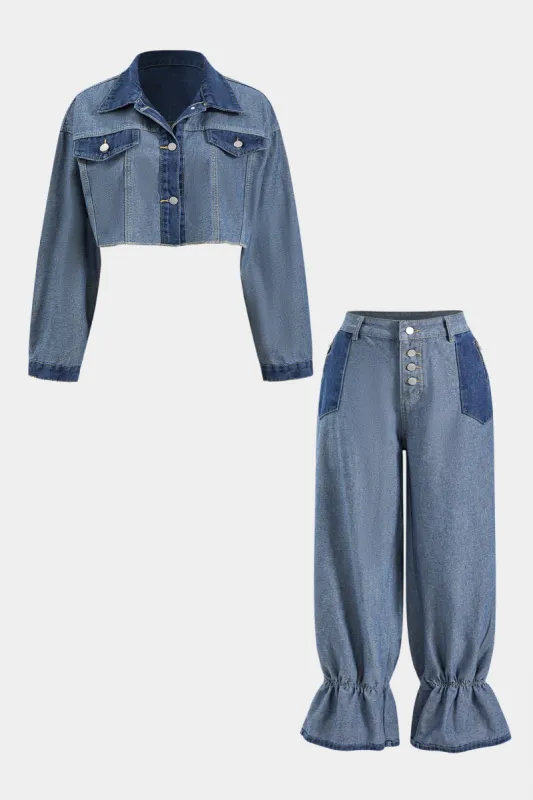 Plus Size Patchwork Denim Top And Jeans Set sold by Micas