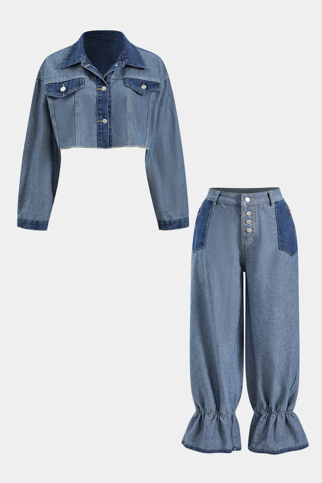 Plus Size Patchwork Denim Top And Jeans Set sold by Micas