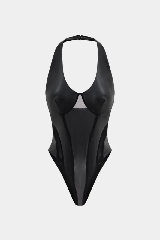 Faux læder mesh patchwork ærmeløs bodysuit sold by Micas