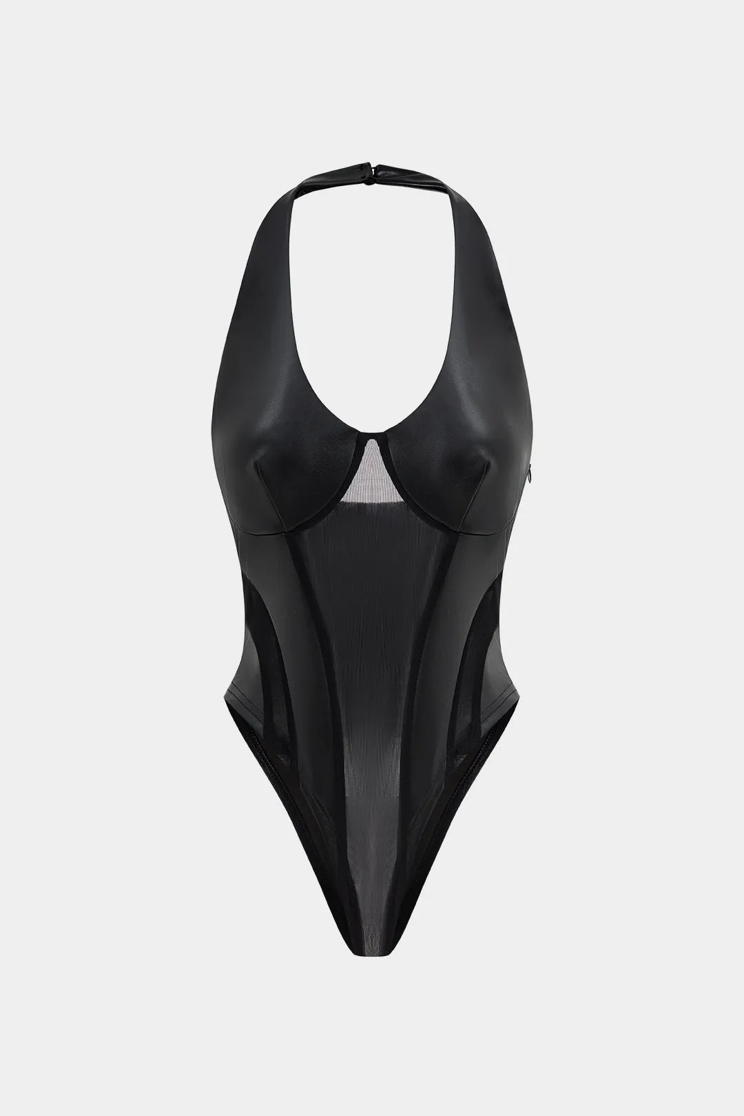 Faux læder mesh patchwork ærmeløs bodysuit sold by Micas