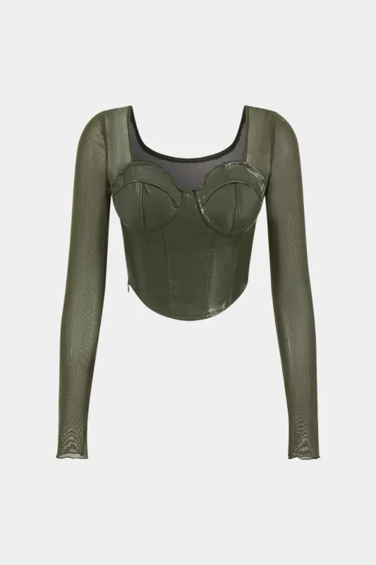 Faux Leather Mesh Patchwork Long-Sleeve Top sold by Micas