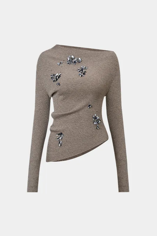3d blomster asymmetrisk skulder langærmet top sold by Micas