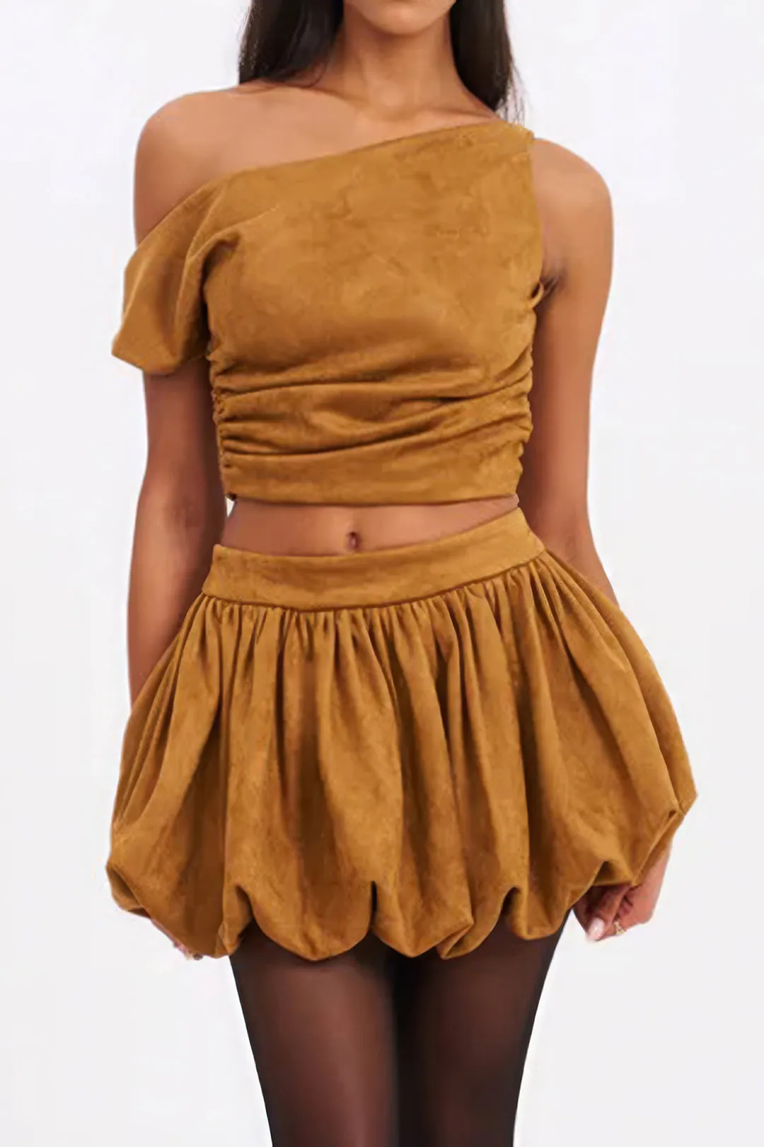 Suede Asymmetrical Ruched Top And Skirt Set sold by Micas