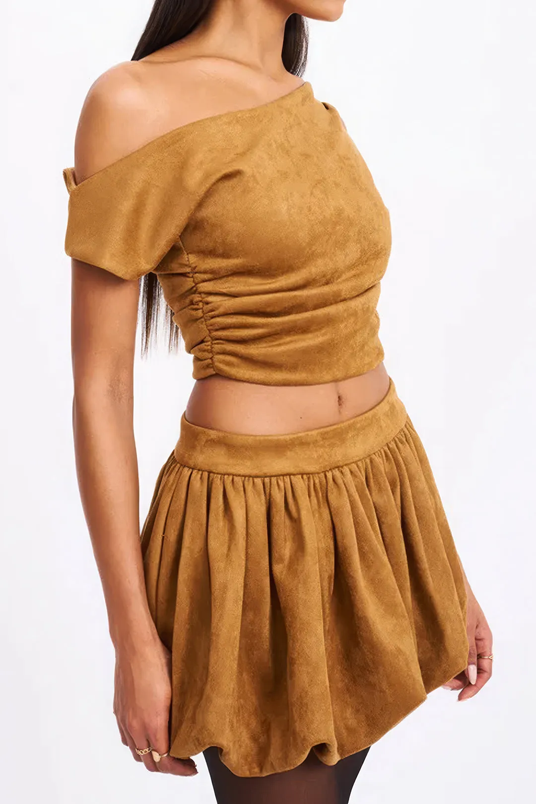 Suede Asymmetrical Ruched Top And Skirt Set sold by Micas product image thumbnail 2