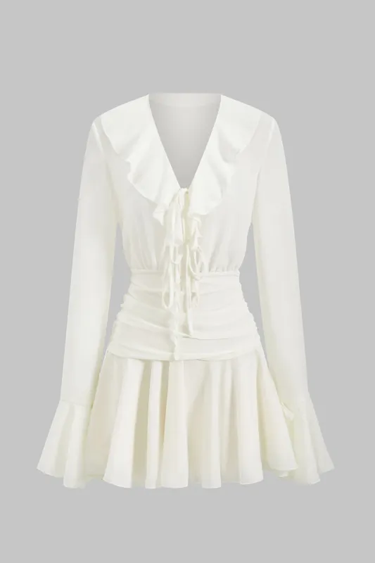 Chiffon Ruffle Patchwork V-Neck Long Sleeve Mini Dress sold by Micas
