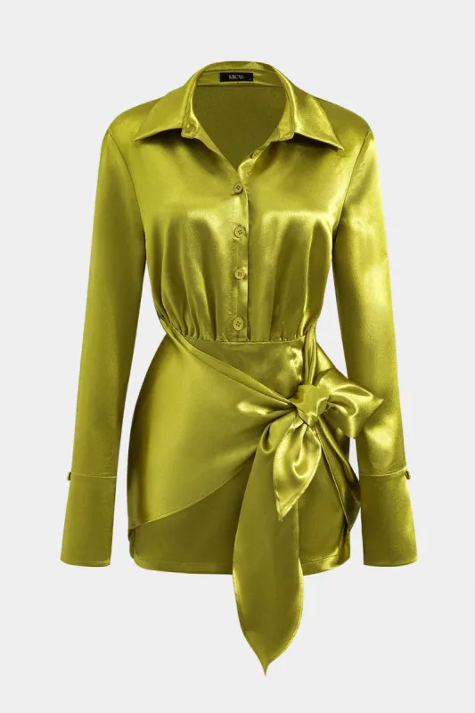 Satin Tie Front Button Long Sleeve Mini Dress sold by Micas