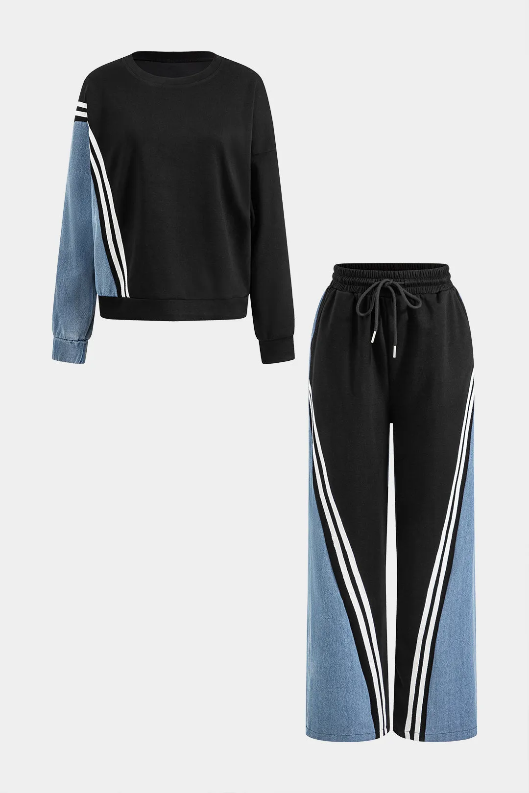 Denim patchwork rund hals langærmet top og trækker lomme bukser sæt sold by Micas