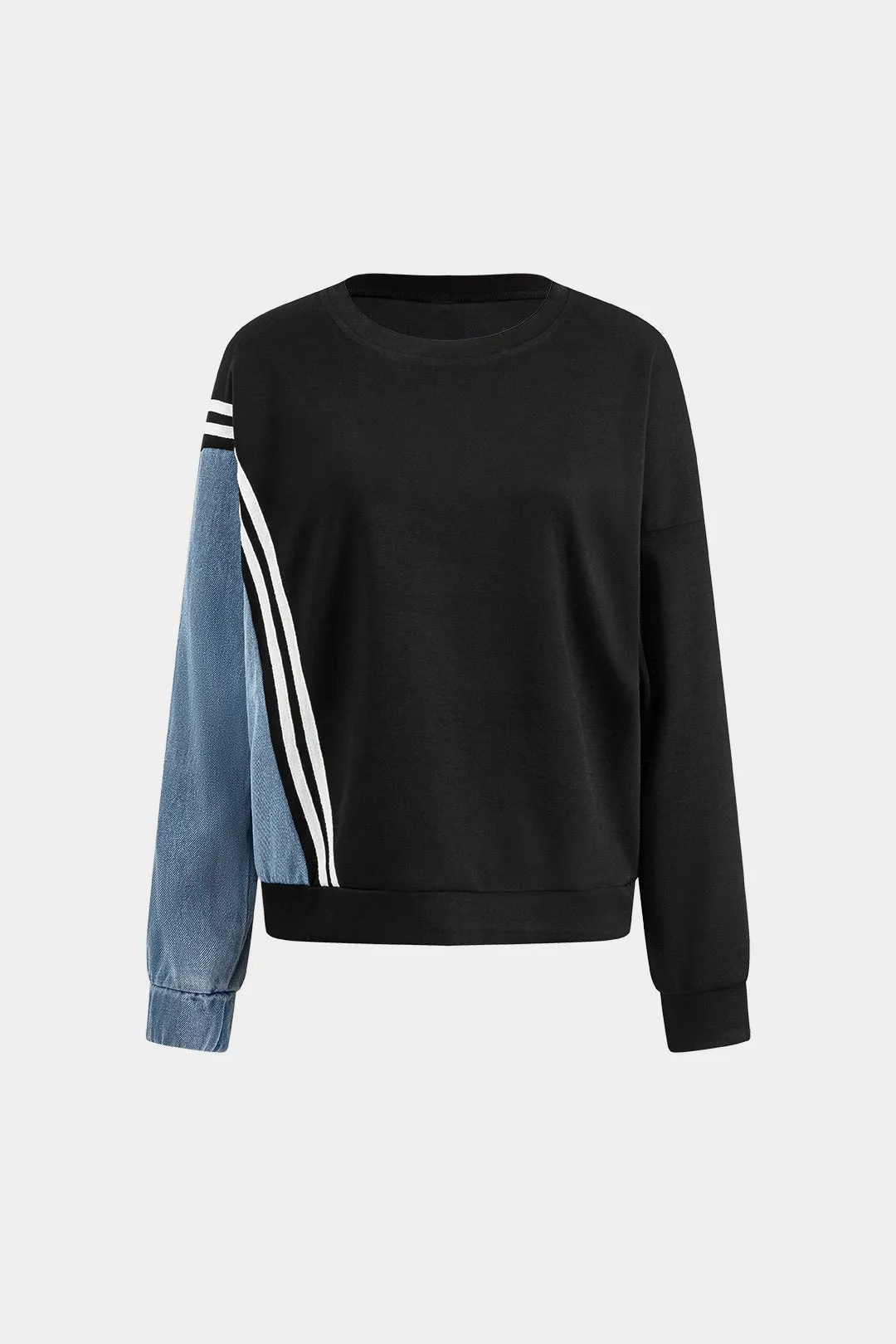 Denim patchwork rund hals langærmet top og trækker lomme bukser sæt sold by Micas product image thumbnail 2