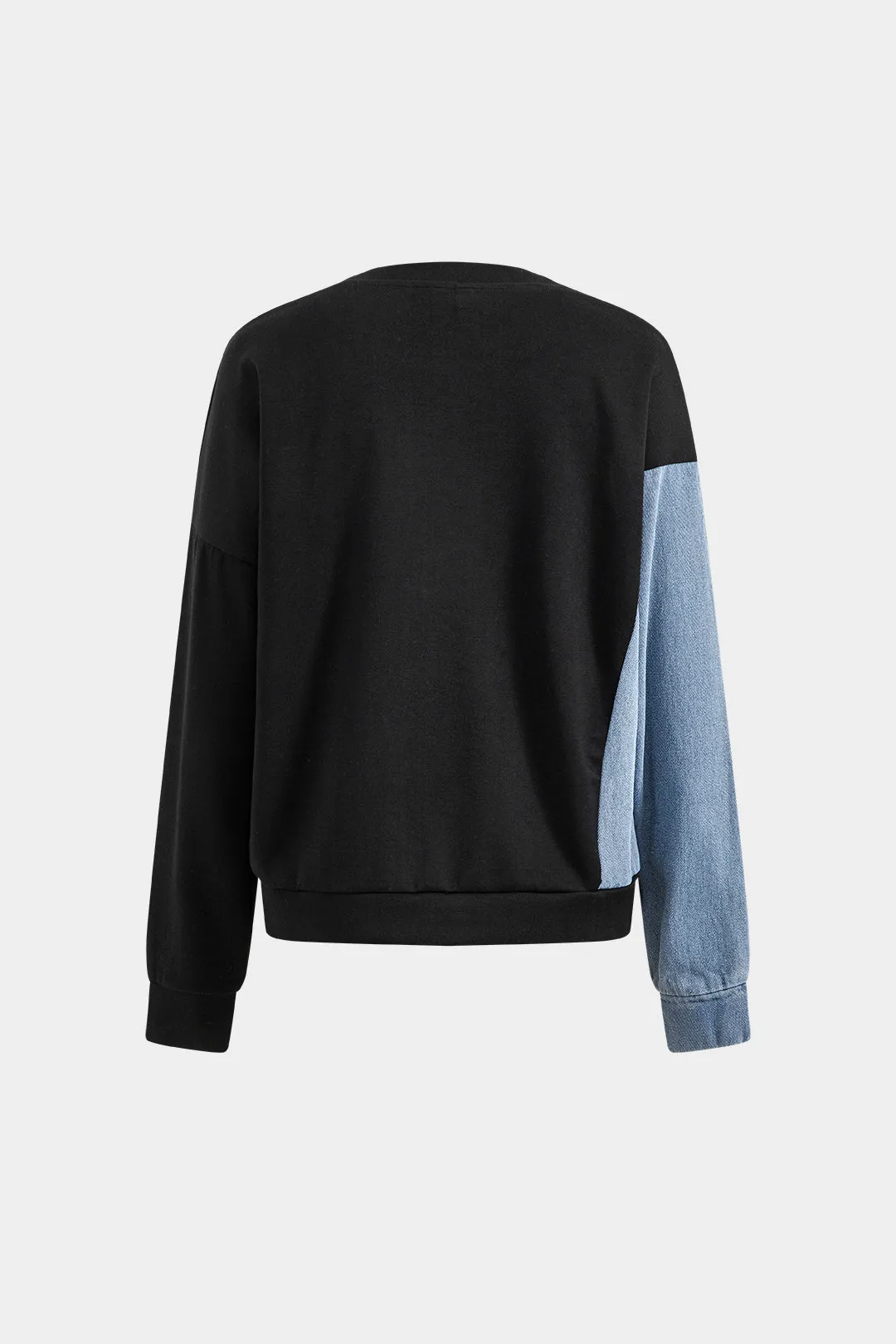 Denim patchwork rund hals langærmet top og trækker lomme bukser sæt sold by Micas product image thumbnail 3