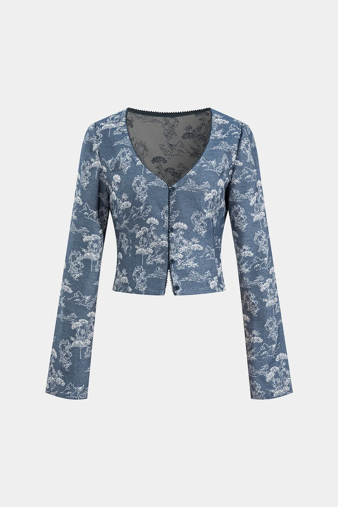 Branches Print Button V-Neck Long-Sleeve Top sold by Micas