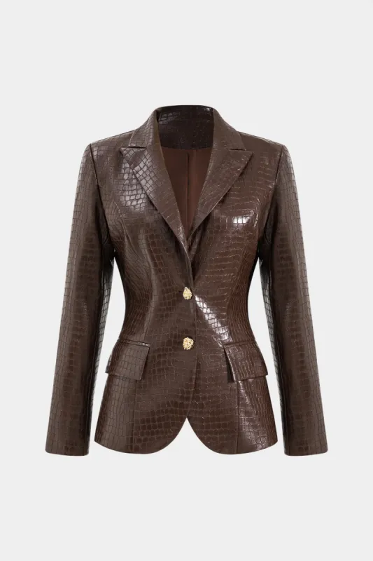 Faux Leather Metallic Button Notched Lapel Blazer sold by Micas