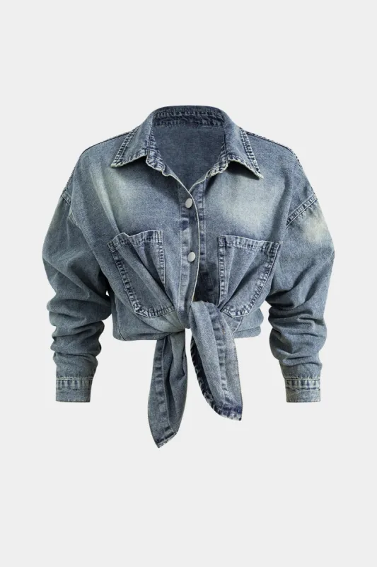 Denim lomme knap twist langærmet shirt sold by Micas