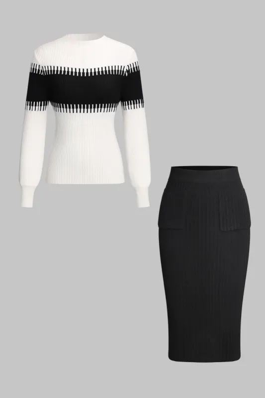 Knit striber langærmet top og lomme nederdel sæt sold by Micas
