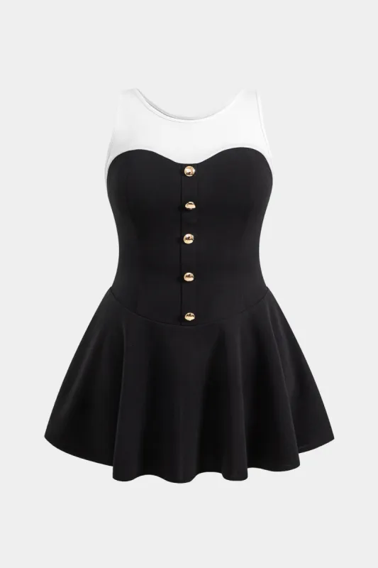 Plus Size  Contrast Button Round Neck Sleeveless Mini Dress sold by Micas