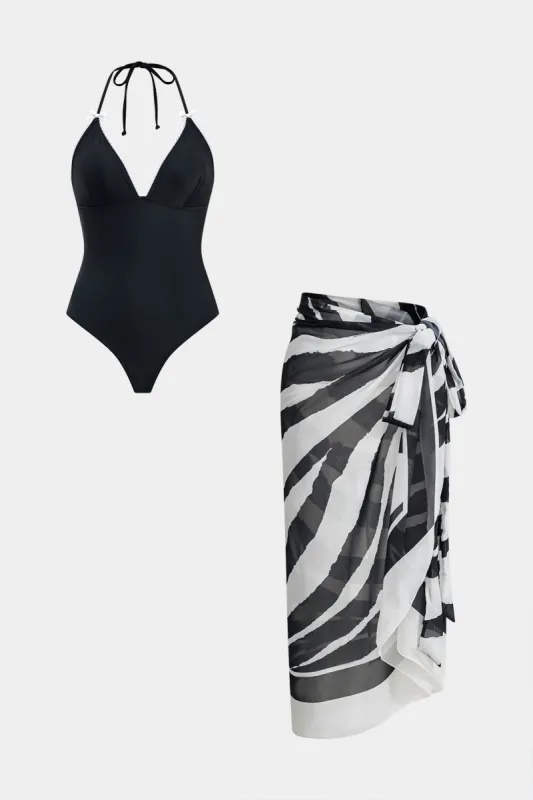 Tummy Control Tie Up Halter Swimwear og Zebra Print Cover Up Set sold by Micas