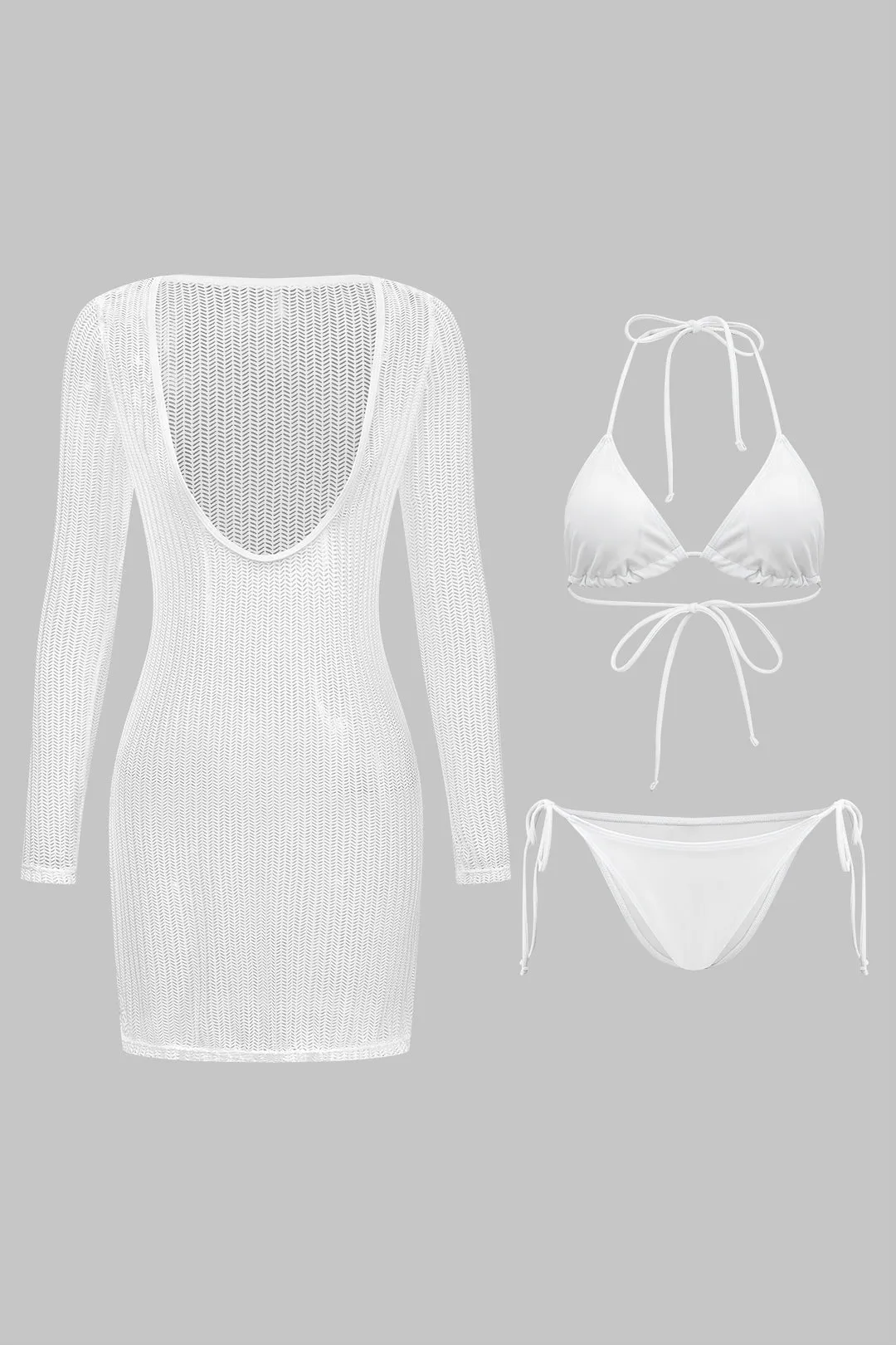 Tie-up bikini og langærmet kjole dækker 3-pcs sæt sold by Micas