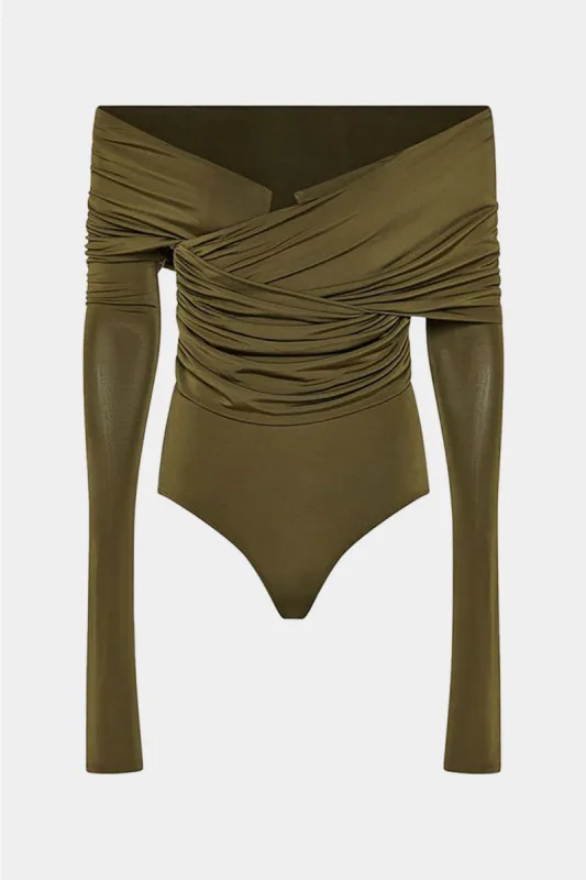 Ruched Off Shoulder Long Sleeve Bodysuit sold by Micas