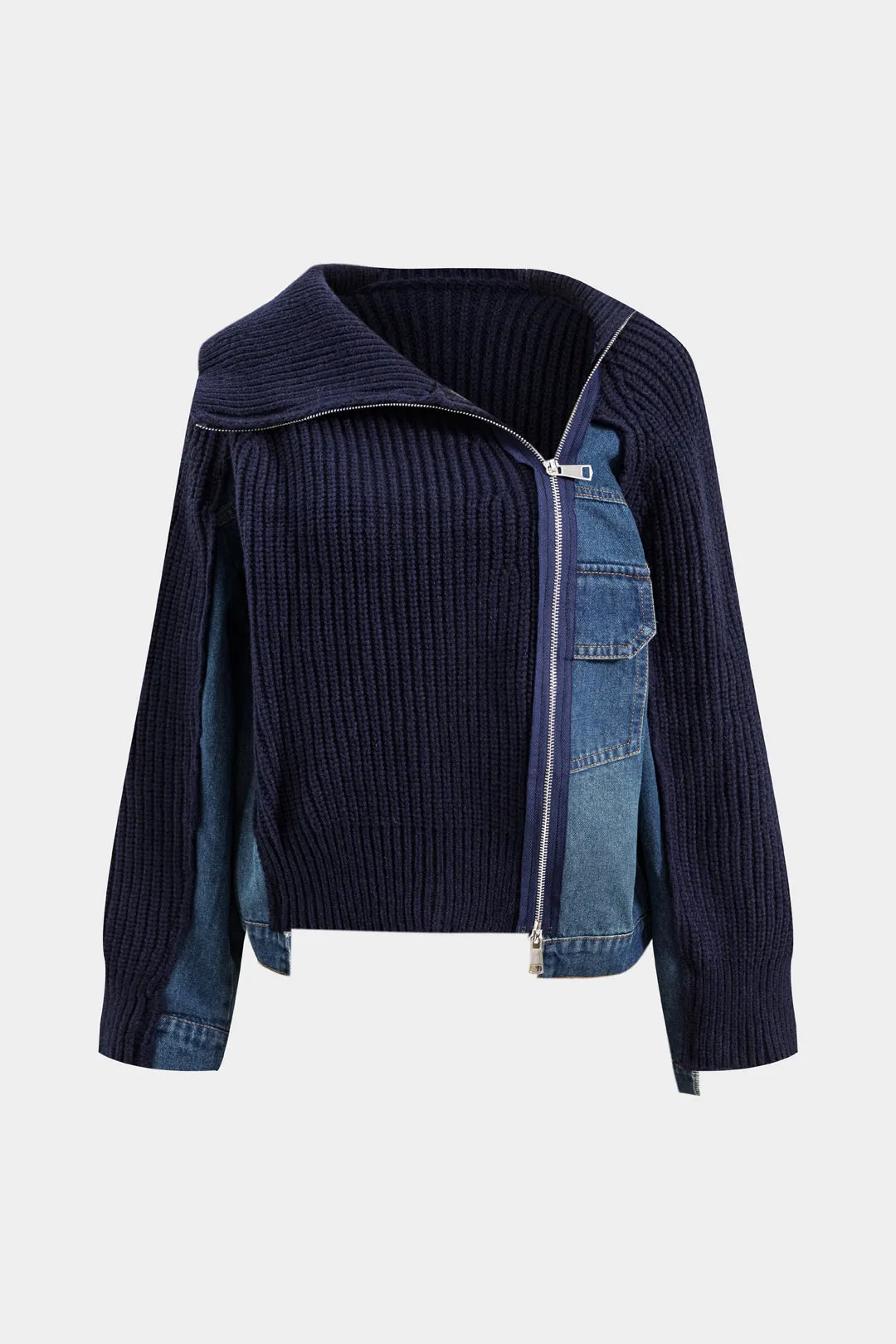 Denim asymmetrisk patchwork lomme lynlås langærmet jakke sold by Micas