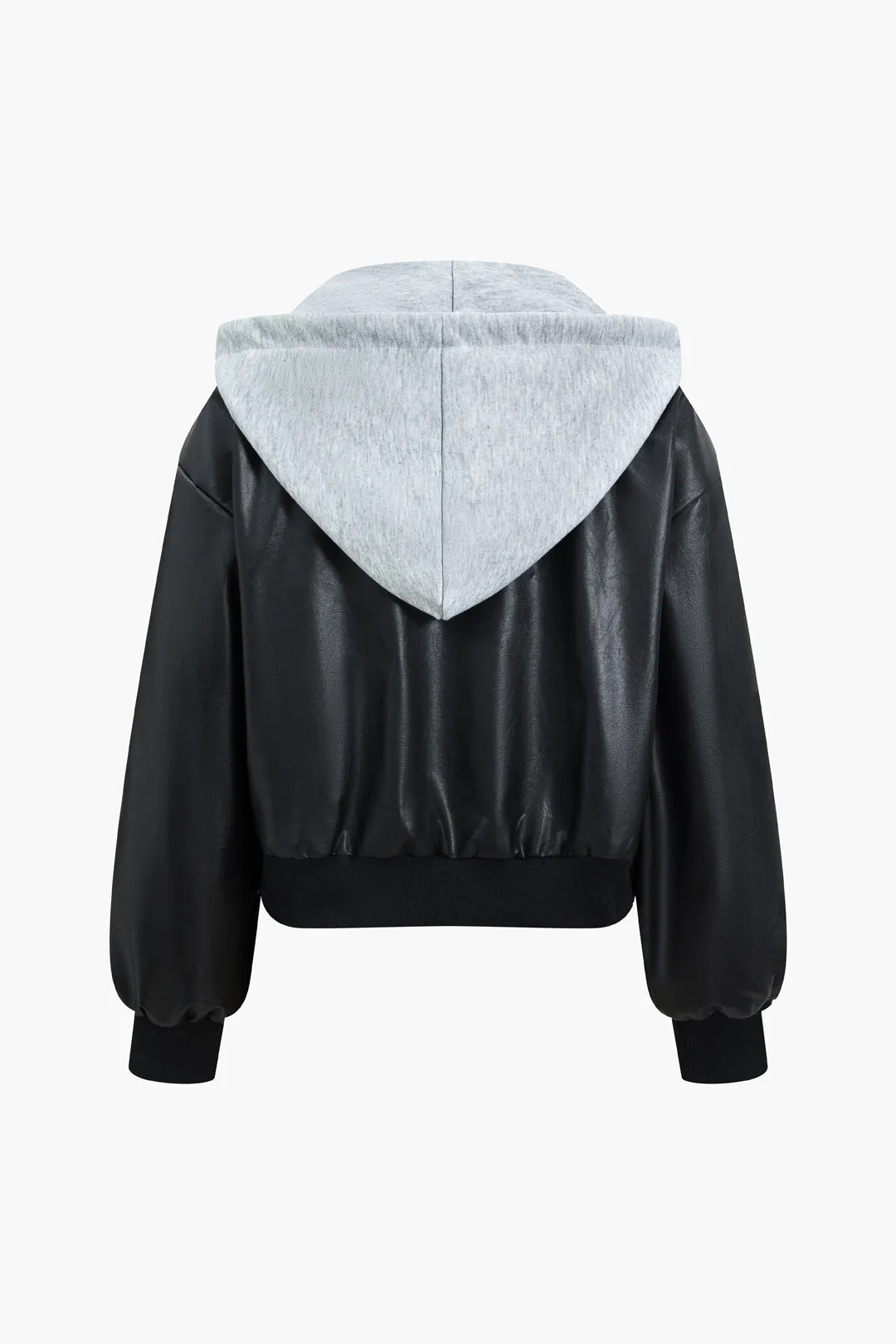 Faux Leather Hooded Pocket Zipper Long Sleeve Jacket sold by Micas product image thumbnail 2