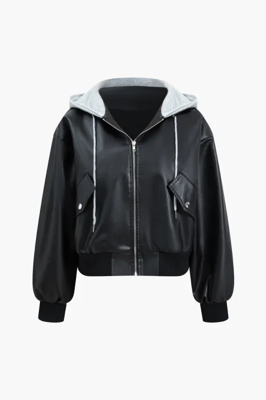 Faux Leather Hooded Pocket Zipper Long Sleeve Jacket sold by Micas