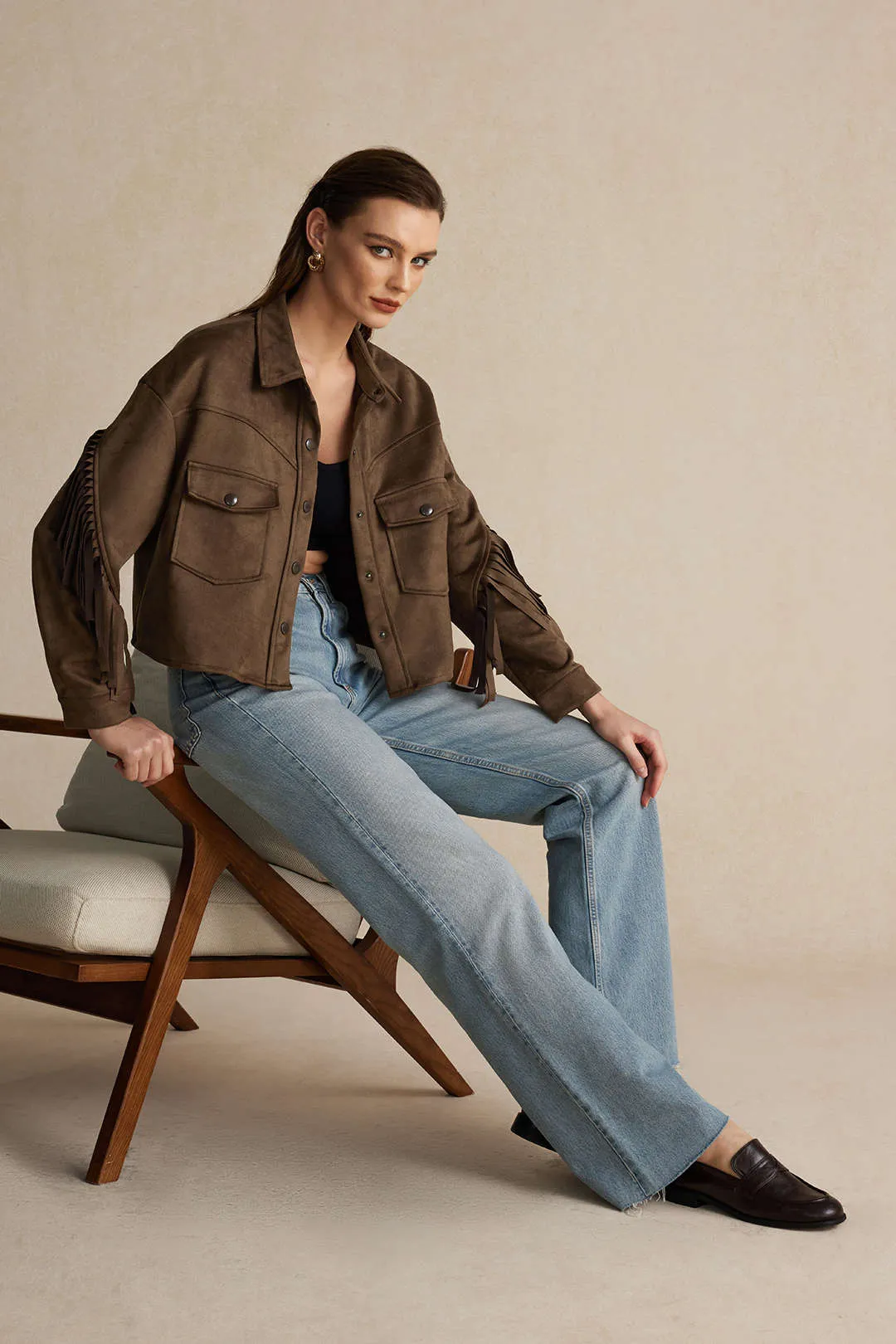 Faux ruskind frynse lomme knap langærmet jakke sold by Micas