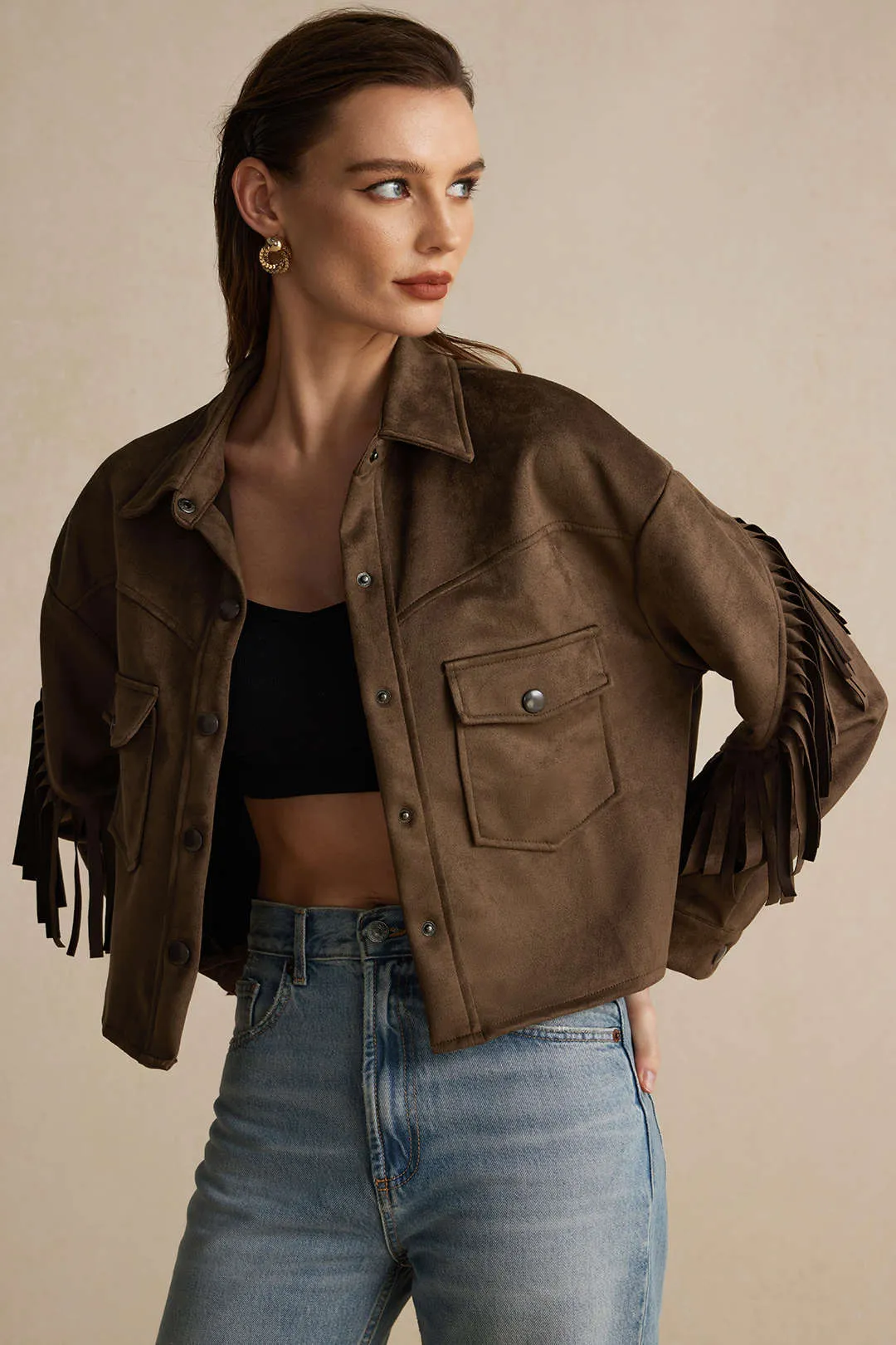 Faux ruskind frynse lomme knap langærmet jakke sold by Micas product image thumbnail 3