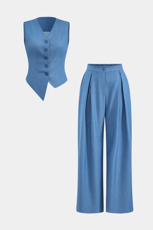 Denim Asymmetrical Button V-Neck Sleeveless Tank Top And Pleated Trousers sold by Micas