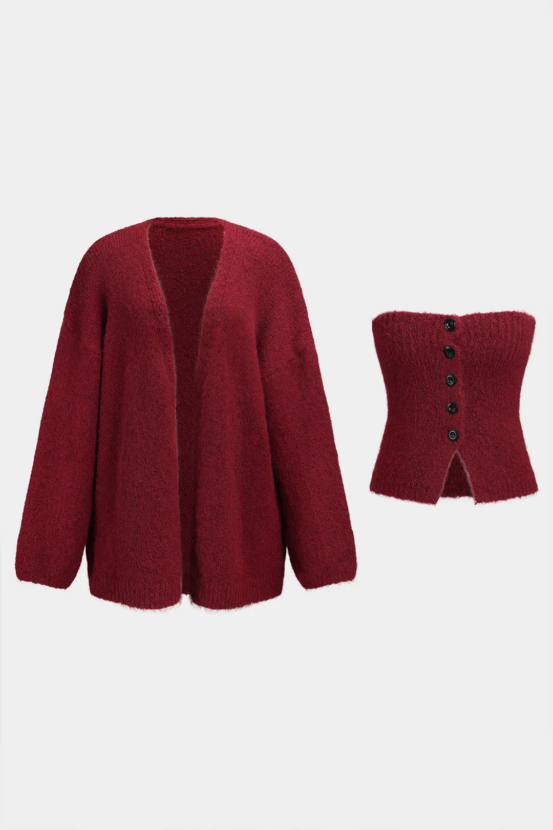 Strik knap tube top og langærmet cardigan sold by Micas