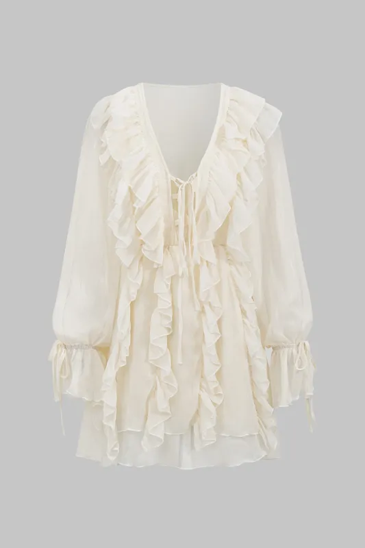 Chiffon Ruffle V-hals langærmet mini kjole sold by Micas