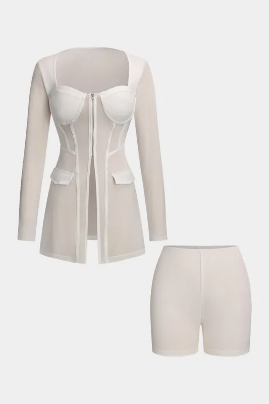 Mesh Patchwork Pocket Zipper Bustier Long-Sleeve Top And Shorts Set sold by Micas