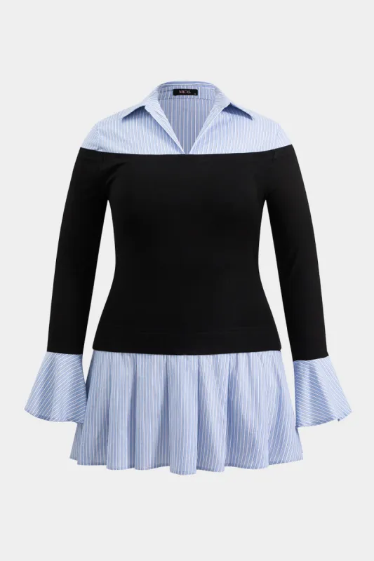 Plus størrelse plisseret patchwork v-hals klokkeskærm mini kjole sold by Micas