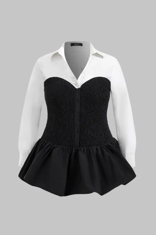 Plus Size Button Patchwork Long Sleeve Puff Hem Mini Dress sold by Micas