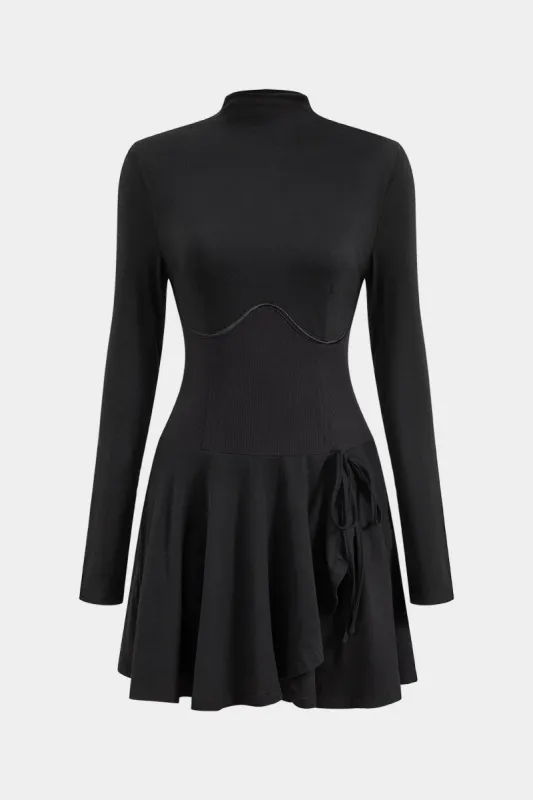 Pleated Patchwork Mock Neck Long Sleeve Mini Dress sold by Micas