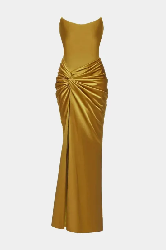 Satin Patchwork Twist Knot Strapless Maxi Dress sold by Micas