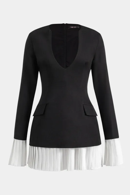 Pleated Patchwork Pocket Long Sleeve Mini Dress sold by Micas