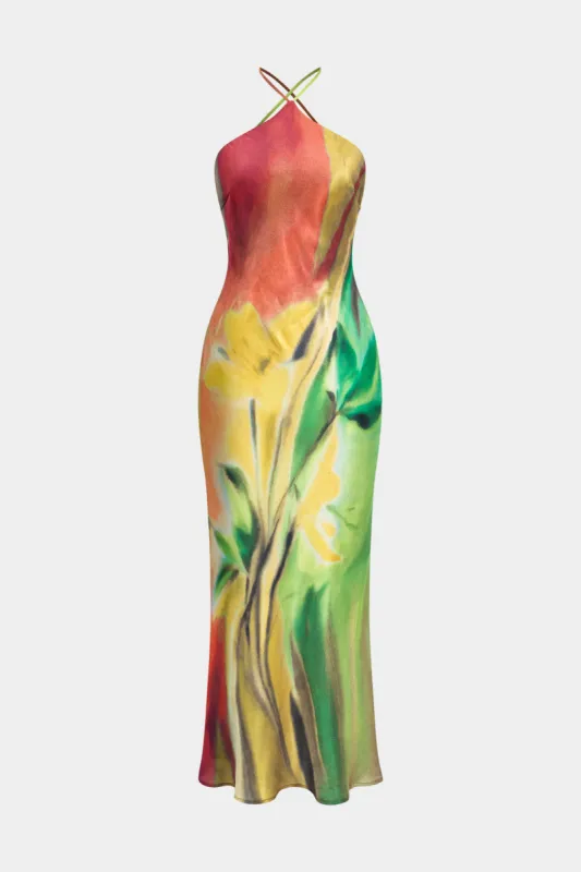 Blomsterprint halter hals rygfri maxi kjole sold by Micas