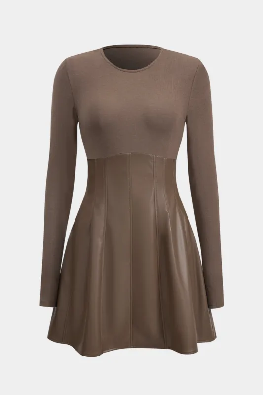 Faux Leather Round Neck Patchwork Long Sleeve Mini Dress sold by Micas