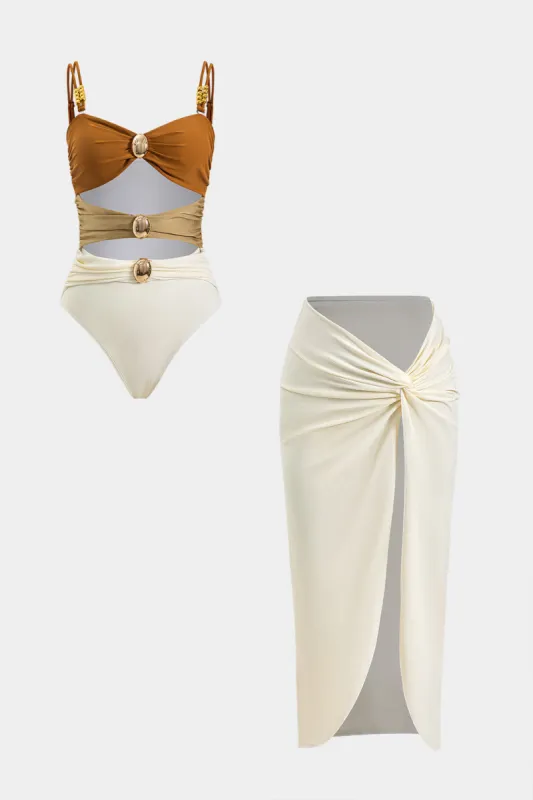 Mavekontrol udskåret slip badetøj og ruched spalte cover up sæt sold by Micas