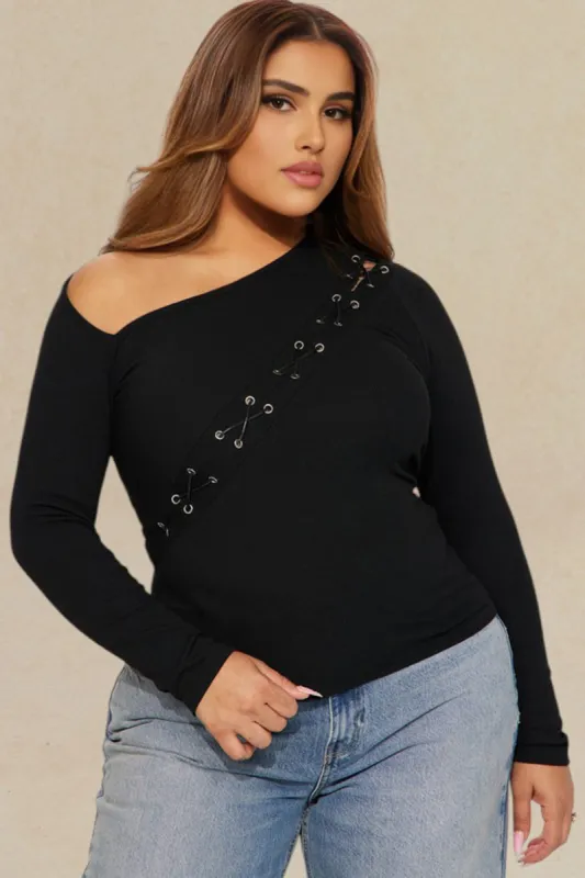 Plus Size Patchwork Asymmetry Neck Long-Sleeve Top sold by Micas